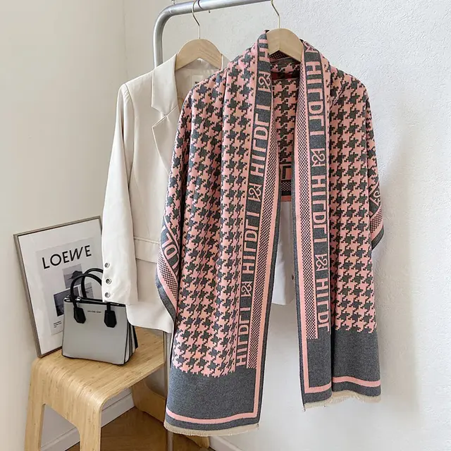 Scarf Female Houndstooth Letters Spring And Summer Dual use Shawl Pink - Shop at LoveMi