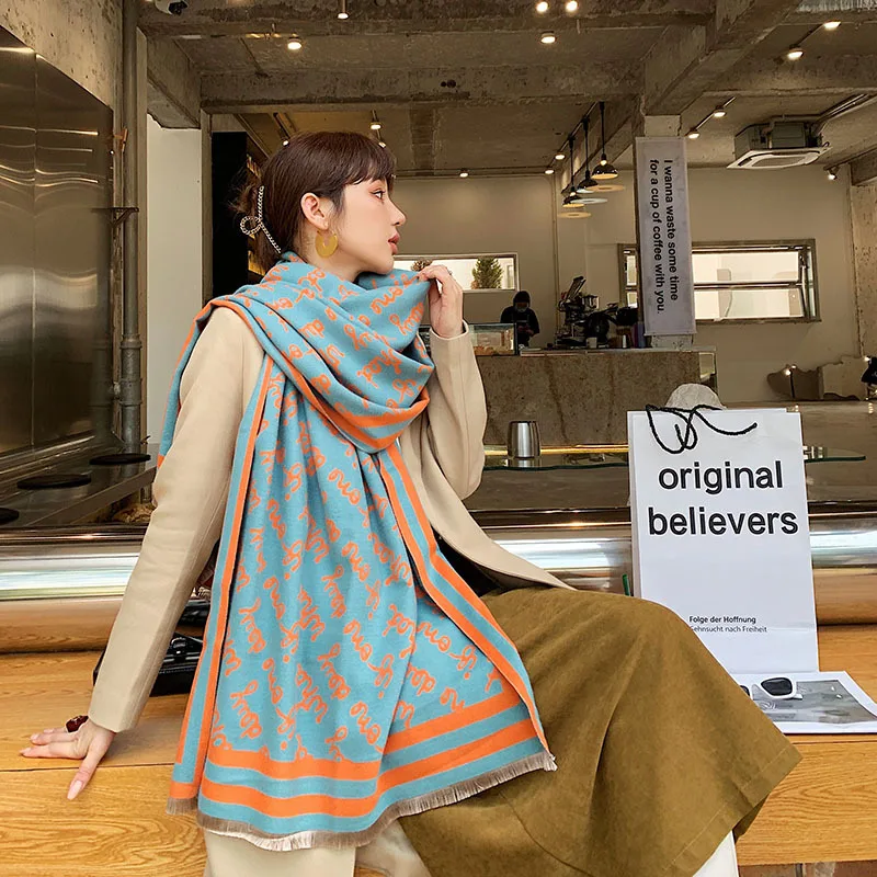 Cashmere Scarf Women Thickened Warmth Air-conditioning Shawl - Blue 190Cm