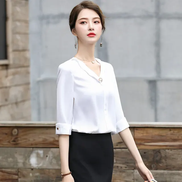 Women's Long sleeved Shirt Solid Color Professional Butter Green White - Shop at LoveMi