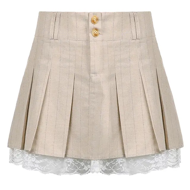 Lace Stitching Khaki Small Pleated Skirt Khaki - Shop at LoveMi