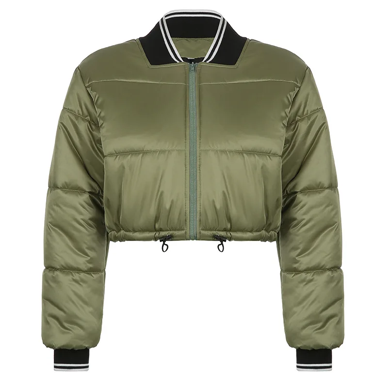Women's Contrast Color Lapel Short Loose Cotton Jacket - Green