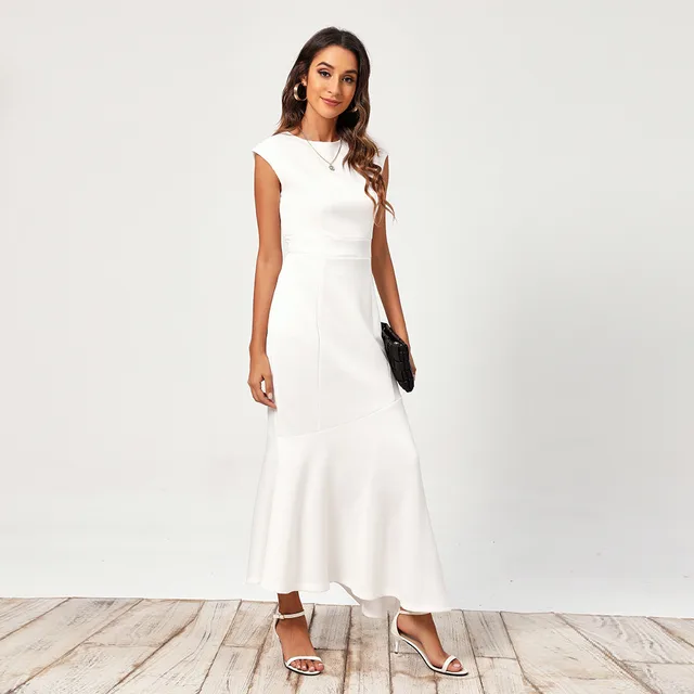 Fashion Slim Pencil Skirt Round Neck Buttocks White - Shop at LoveMi