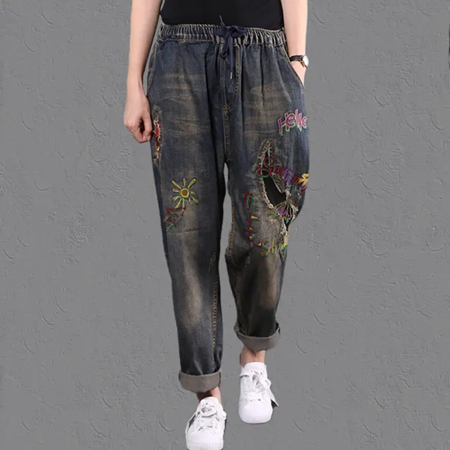 Women's Jeans Comfortable And Casual Elastic Waist Wide Legs Embroidery - Shop at LoveMi