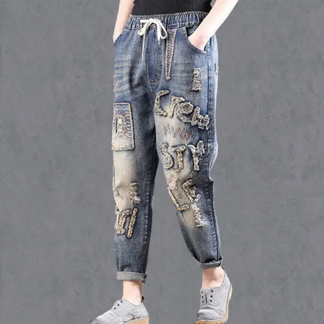 Women's Jeans Comfortable And Casual Elastic Waist Wide Legs Multiletter - Shop at LoveMi