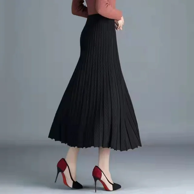 Pleated High waist Core spun Yarn Skirt Black - Shop at LoveMi