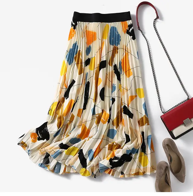 Large Swing Mid length Landscape Oil Painting Print Pleated Skirt Beige - Shop at LoveMi