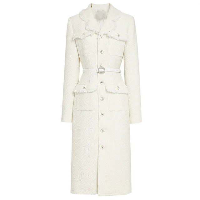 Women's Slim fit Tweed With Waist Waist Mid length Woolen Coat White - Shop at LoveMi