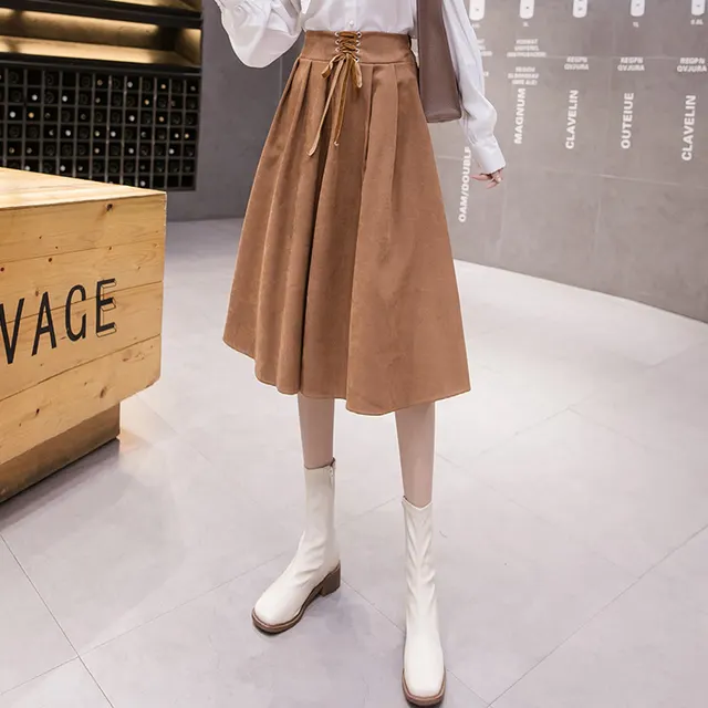 Mid length A line Umbrella Skirt Half length Large Hem Khaki - Shop at LoveMi