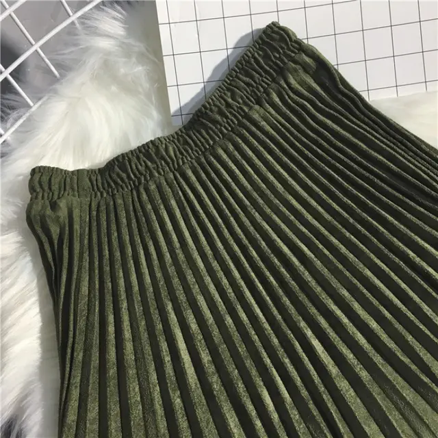 Deerskin Velvet Pleated Skirt Female High waisted A line Skirt All match Big Hem Army Green - Shop at LoveMi