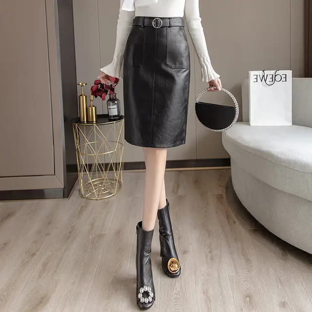 PU Leather High Waist And Slit Midskirt Girdle For Women Black - Shop at LoveMi