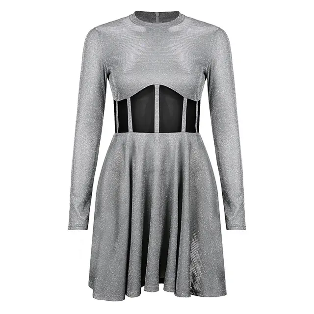 Round Neck Bright Silk Big Swing Dress Sexy Perspective Stitching Silver - Shop at LoveMi