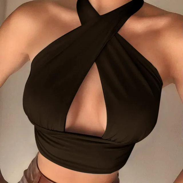 Women's Sexy Cross Pleated Halter Halter Camisole Brown - Shop at LoveMi