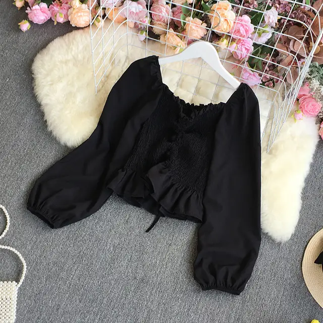 Chiffon Shirt Women Elegant Retro Square Neck Bubble Blouse Black - Shop at LoveMi
