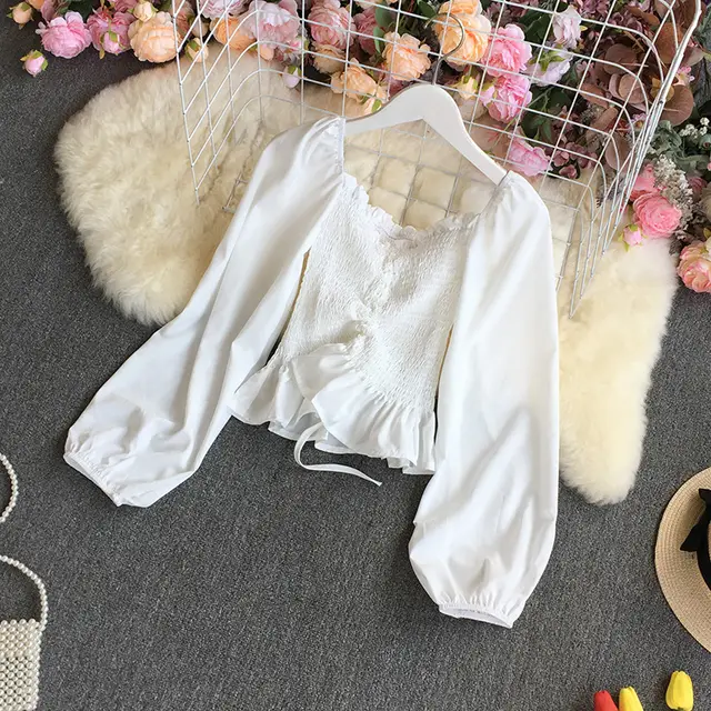 Chiffon Shirt Women Elegant Retro Square Neck Bubble Blouse White - Shop at LoveMi