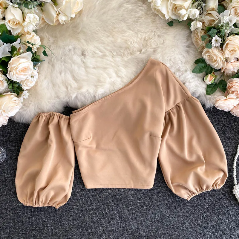 Oblique Collar Unilateral Off shoulder Puff Sleeve Crop Top Apricot - Shop at LoveMi