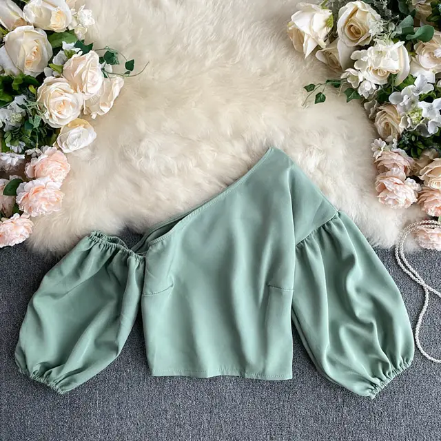Oblique Collar Unilateral Off shoulder Puff Sleeve Crop Top Green - Shop at LoveMi
