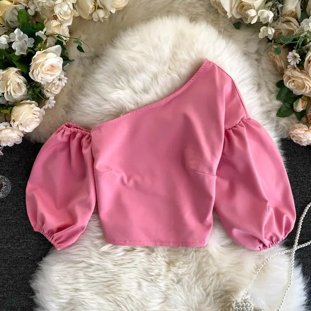 Oblique Collar Unilateral Off shoulder Puff Sleeve Crop Top Rose Red - Shop at LoveMi