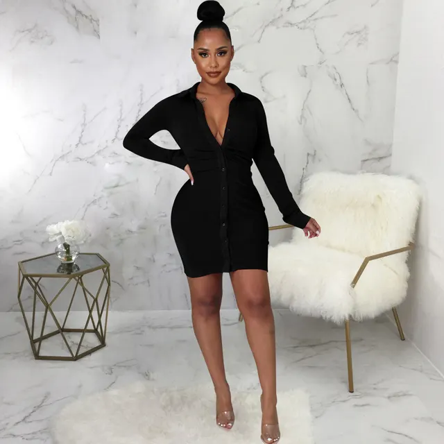 Sexy Fashion Solid Color Women Shirt Dress Black - Shop at LoveMi