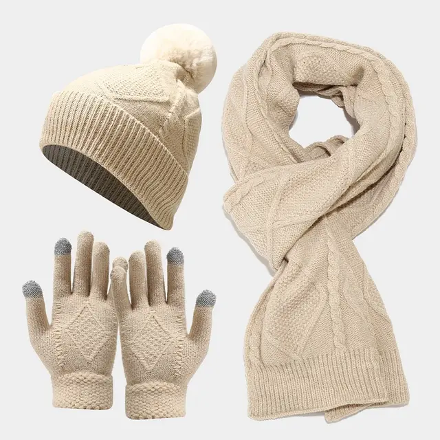 Three Piece Set Of Autumn And Winter Hats, Scarves, Gloves Beige Color - Shop at LoveMi