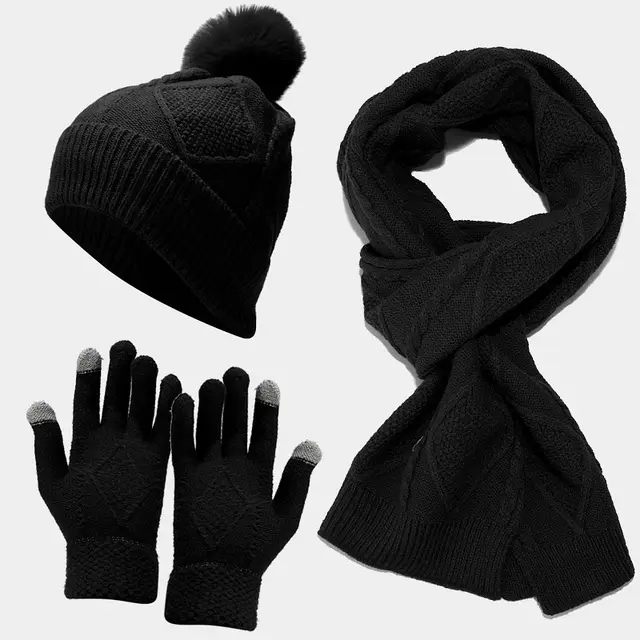 Three Piece Set Of Autumn And Winter Hats, Scarves, Gloves Black - Shop at LoveMi