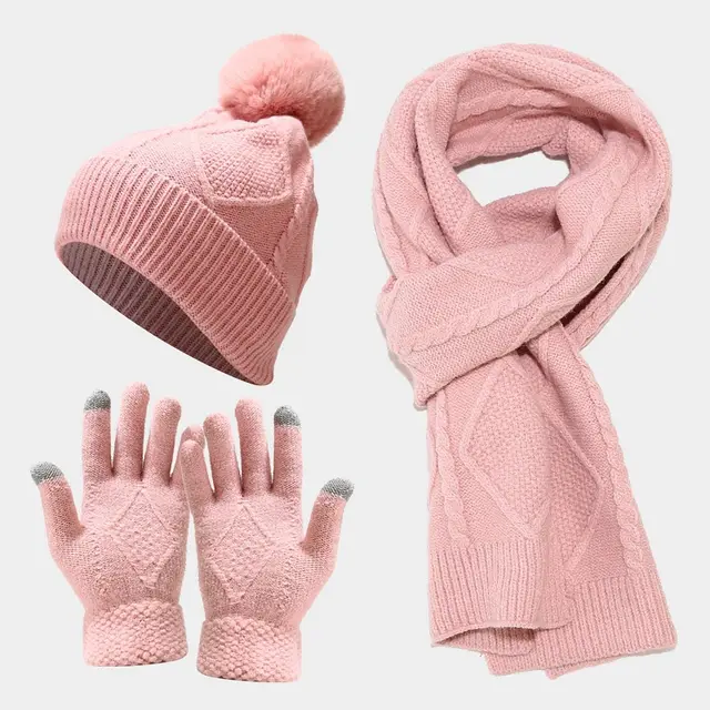 Three Piece Set Of Autumn And Winter Hats, Scarves, Gloves Pink - Shop at LoveMi