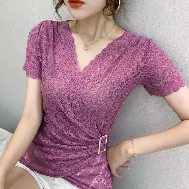 V neck Lace Bottoming Women's New Trendy Short sleeved Blouse Purple - Shop at LoveMi