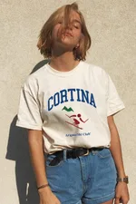 American Retro Sports Ski Portrait Letter T-shirt - White
