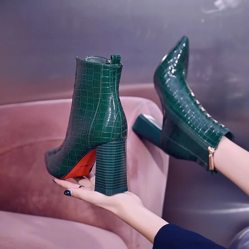 Patent Leather Pointed Toe Knight Fashion Martin Boots Women Green - Shop at LoveMi