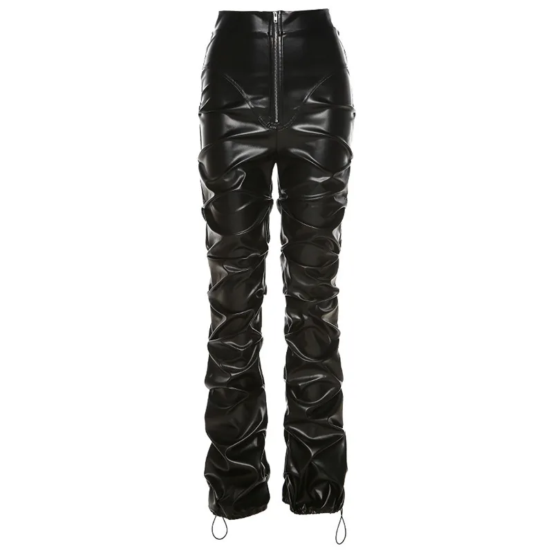 Women's High Waist Bag Hip Street Style Fashion Casual Pu Leather Trousers - Black