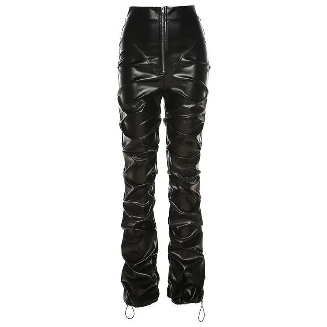 Women's High Waist Bag Hip Street Style Fashion Casual Pu Leather Trousers Black - Shop at LoveMi