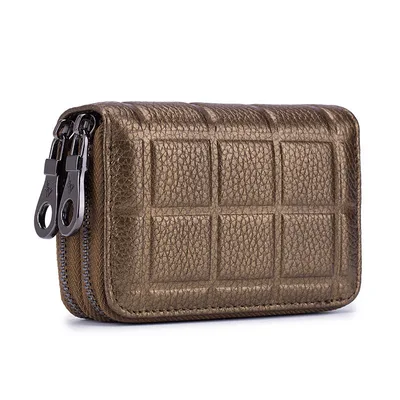 Double Zipper Pull Cowhide Multifunctional Coin Purse Gold - Shop at LoveMi