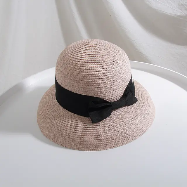 Straw Hat Hepburn Big Bow Bell shaped Fisherman's Basin Hat Pink - Shop at LoveMi