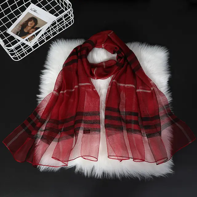 Silk Scarves Women's All match Plaid Scarf Classic Plaid Red - Shop at LoveMi