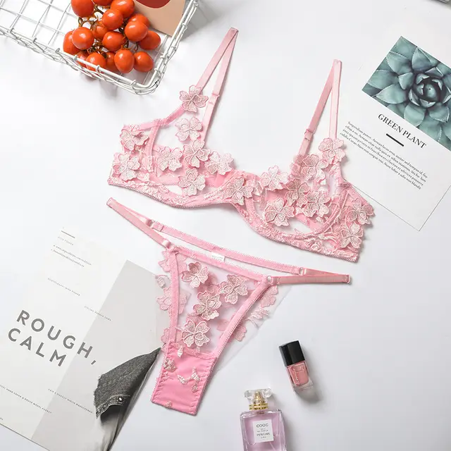 Sexy Romantic Flower Embroidery Perspective Sexy Suit Light Pink - Shop at LoveMi