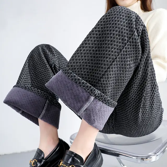 Women's Plush Thick Mopping Wide leg Jeans Black Plus Velvet - Shop at LoveMi