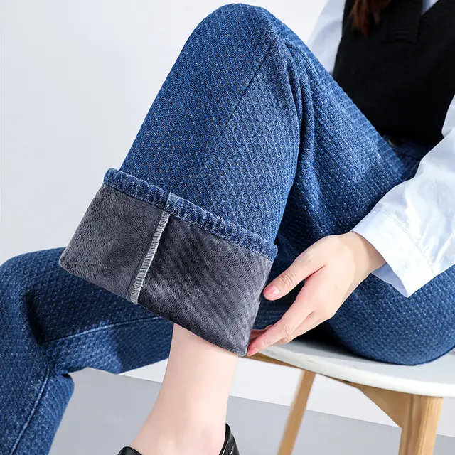 Women's Plush Thick Mopping Wide leg Jeans Dark Blue Plus Velvet - Shop at LoveMi
