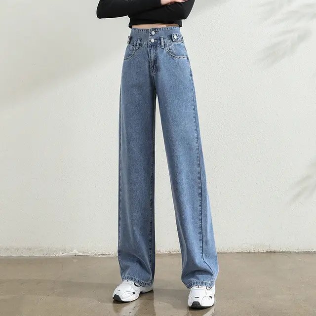 Women's Double Breasted Straight Jeans High Waist Blue - Shop at LoveMi