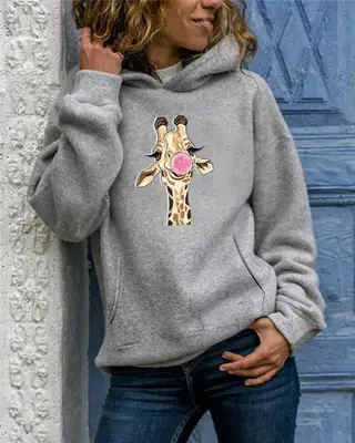 Women's Solid Color Printed Round Neck Sweater - Grey