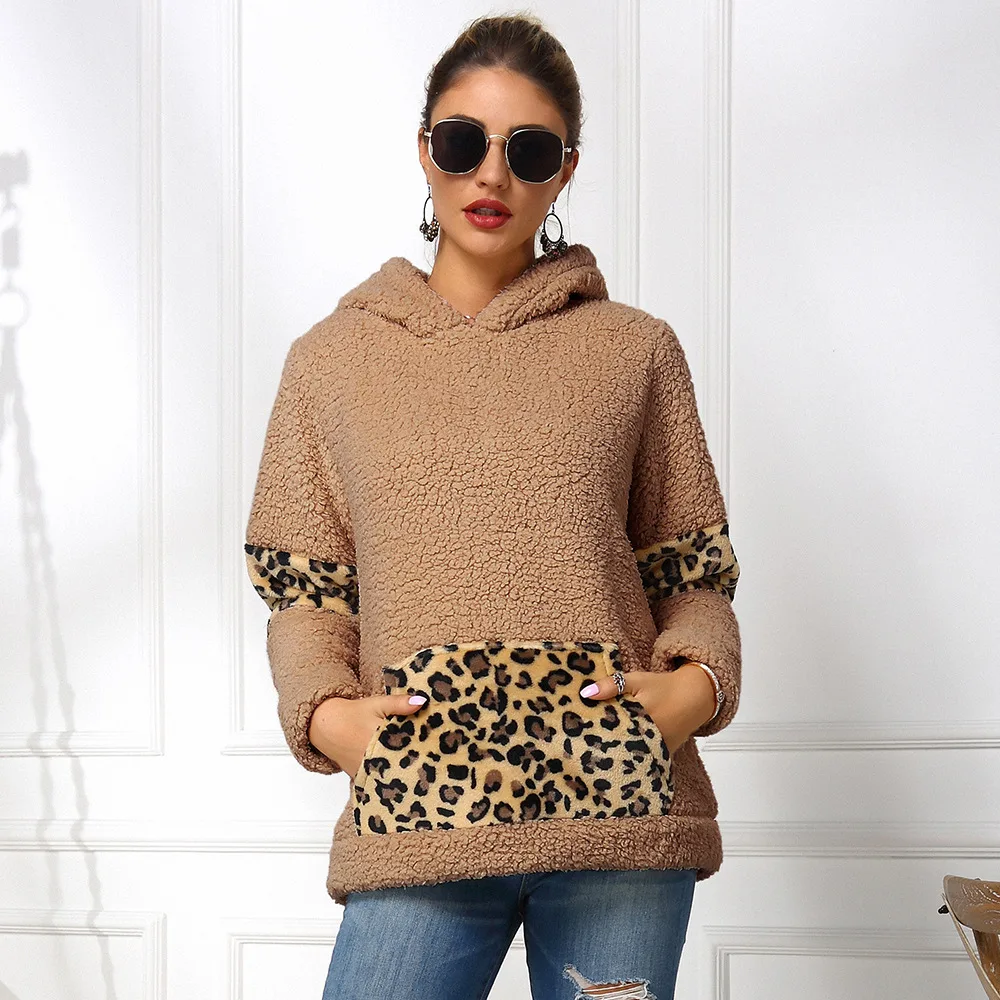Women's Double sided Fleece Hooded Leopard Print Stitching Sweater Khaki - Shop at LoveMi