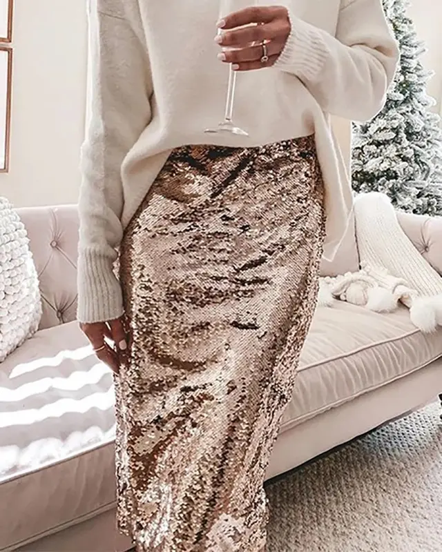 Sequined Glittering Bag Hip A Line Skirt Gold - Shop at LoveMi
