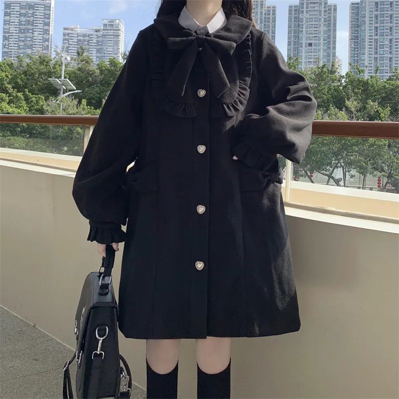 Japanese Cute Little Doll Collar Woolen Coat Women Black Thickened - Shop at LoveMi