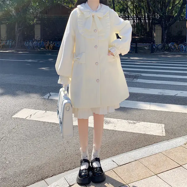 Japanese Cute Little Doll Collar Woolen Coat Women Milky White Regular - Shop at LoveMi