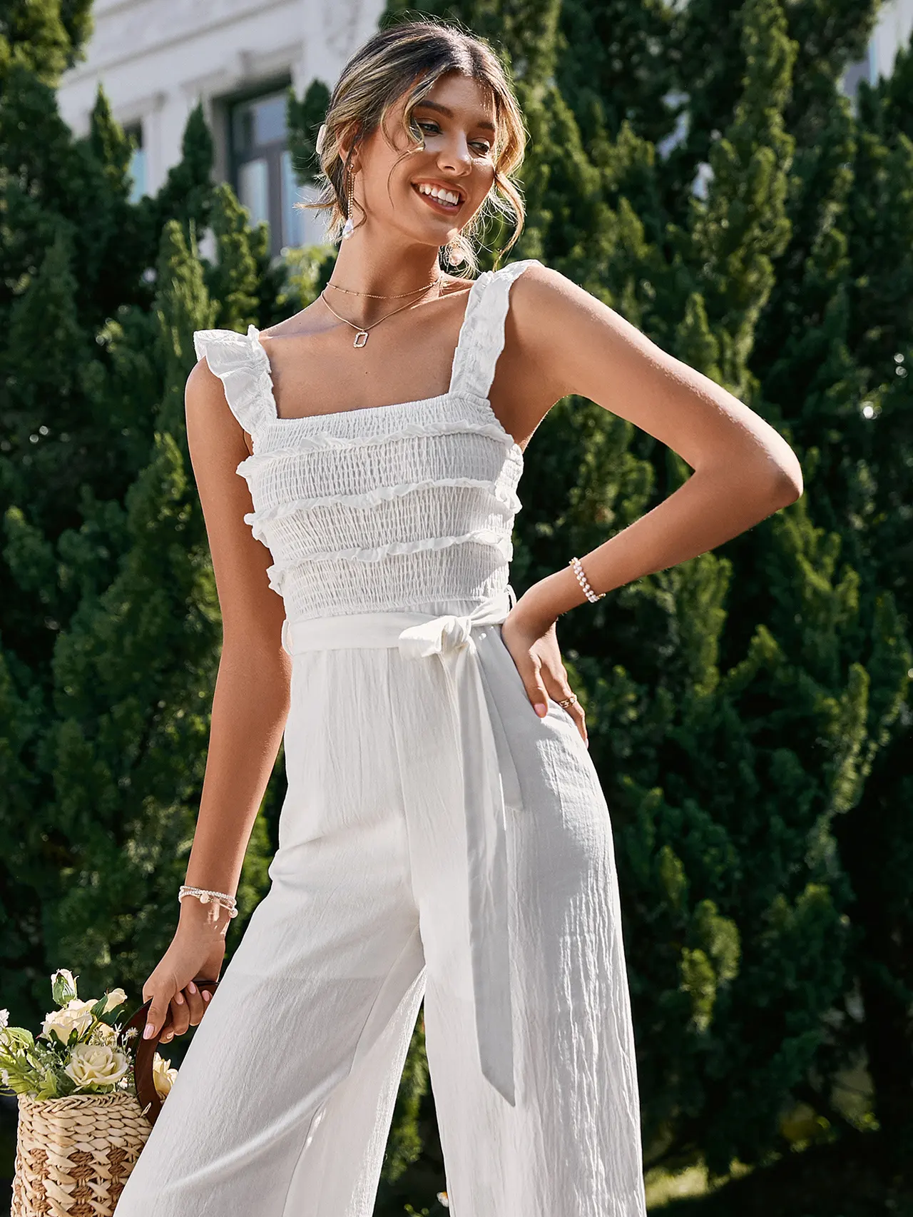 Solid Color Ruffled Shoulder Strap Jumpsuit - White