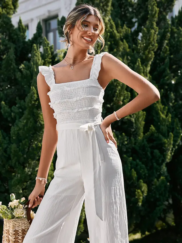 Solid Color Ruffled Shoulder Strap Jumpsuit White - Shop at LoveMi