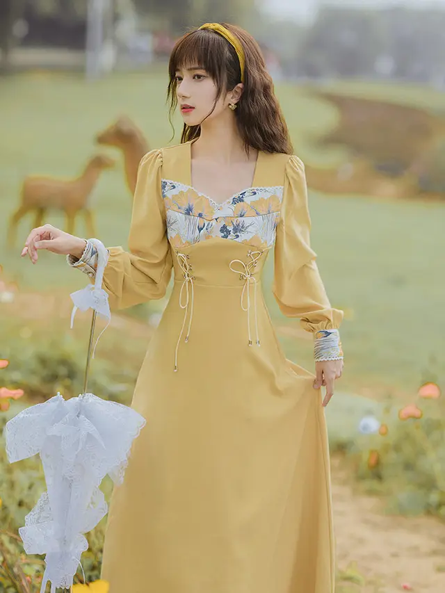 Vintage Oil Painting Jacquard Lace High Waist Slim Dress Photo Color - Shop at LoveMi