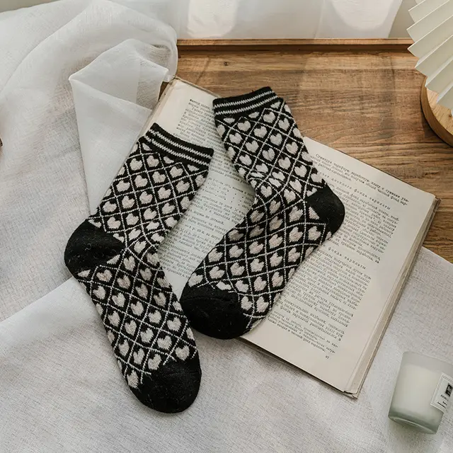 Gentle Color Sweet Thick Socks With Small Leather Shoes Black Love Pattern - Shop at LoveMi