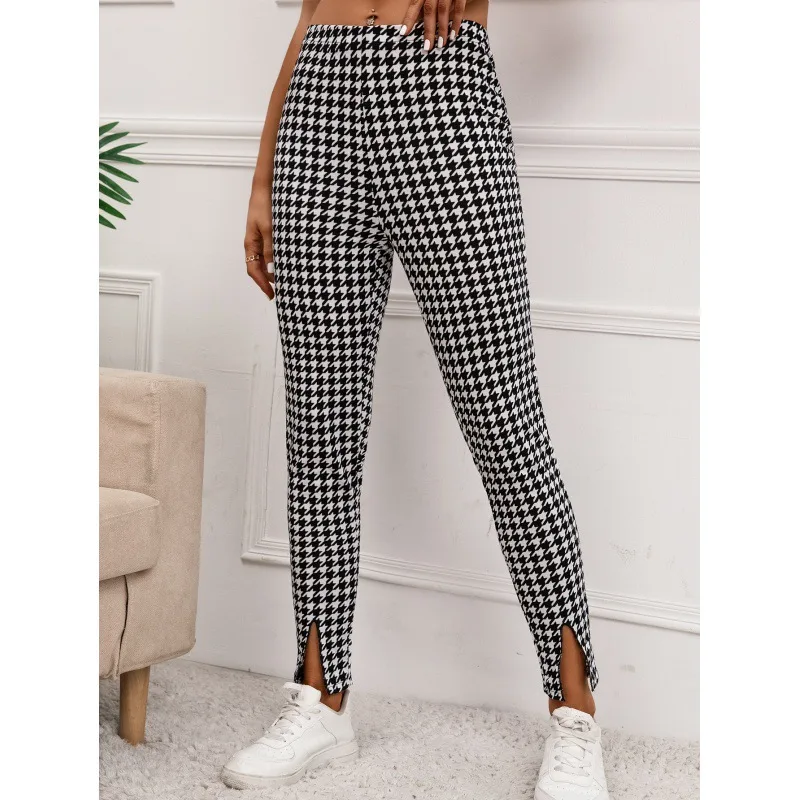 Houndstooth Pattern High rise Slim fit Pencil Cropped Trousers Black - Shop at LoveMi