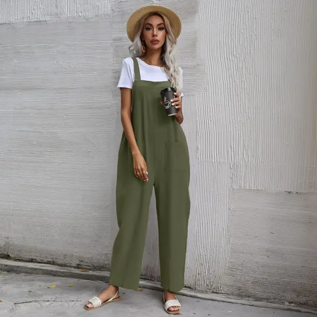 Casual Pants With Cotton And Linen Pockets Army Green - Shop at LoveMi