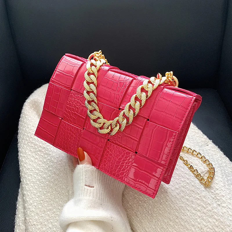 Popular Woven Texture Stone Plaid Gloves Chain All match One shoulder Messenger Rose - Shop at LoveMi