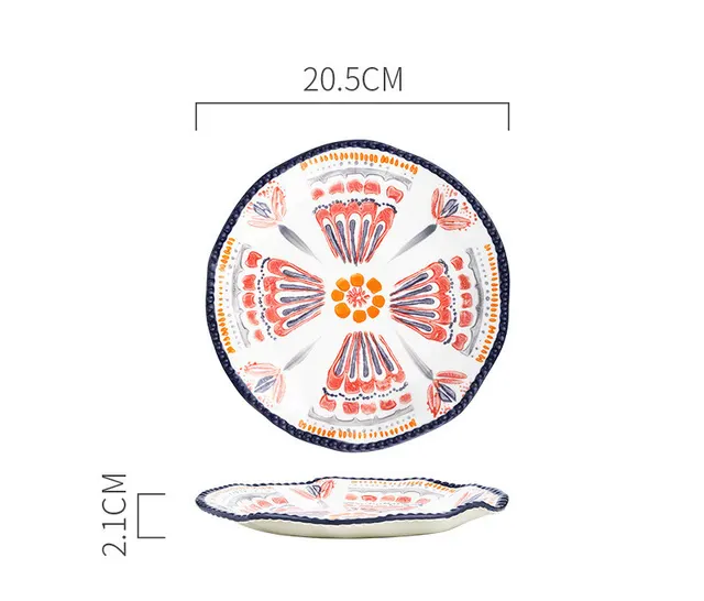 Retro Hand Drawn Dishes Home Rice Bowls 8Inch Flat Plate - Shop at LoveMi